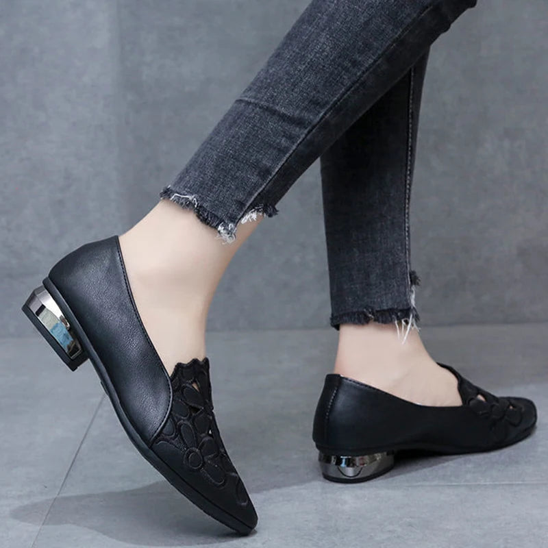 Shoes for Women Embroidery Breathable Square Heel Loafers Slip On Pointed Toe Leather Single Shoes