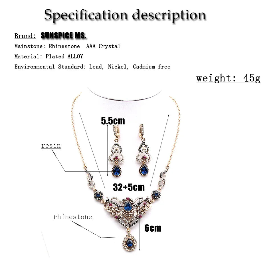 Indian Jewelry Sets Women Drop Earrings Necklace Bohemia Flower Wedding Jewelry Retro Gold Color Turks Jewels - Hiron Store