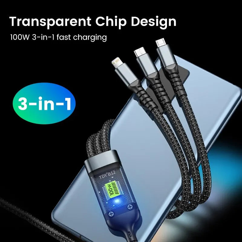 3-in-1 100W 5A Fast Charging USB To Type-C Micro Fast Charger Cable For iPhone 14 13 Samsung Xiaomi Huawei iPhone 14 13 - Hiron Store