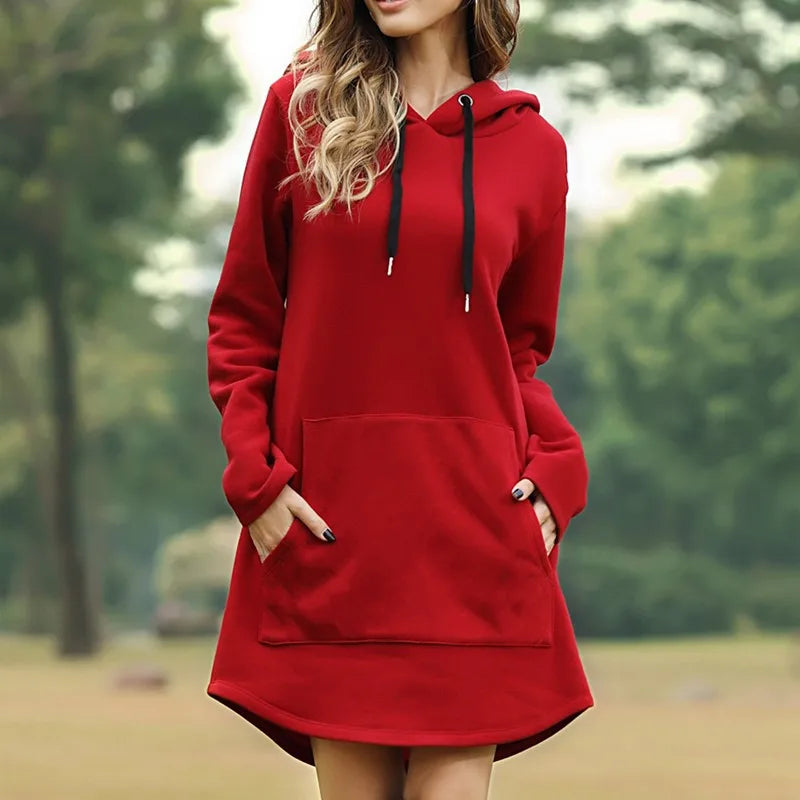 Women Fashion Hoodies Dress Spring Solid Big Pocket Sweatshirt Pop Hoody Casual Long Tops