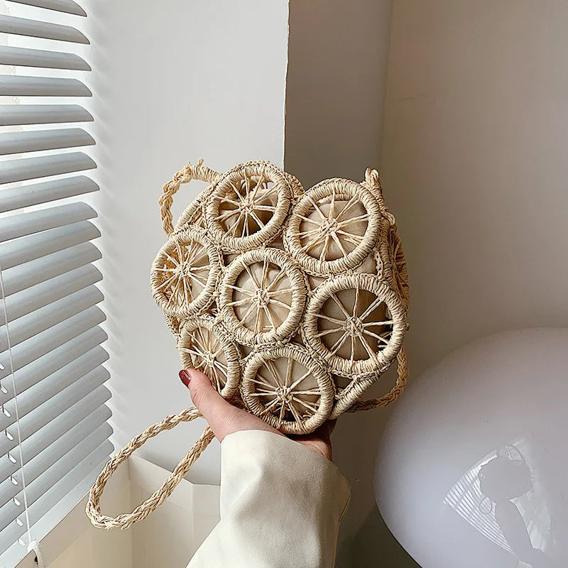 Summer Hollow Round Straw Bag For Women Casual Woven Handmade Crossbody Bag New Trendy Rattan Beach Bags Designer Circle Handbag - Hiron Store