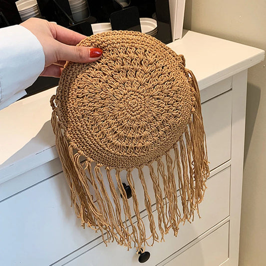 Summer Woven Straw Bag For Women Literary Handmade Shoulder Messenger Bag Small Round Bag Travel Seasid Beach Bag Shopping Purse - Hiron Store