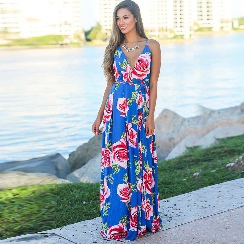 Summer Beach Sundress Women Fashion Sleeveless Sling V-Neck Long Dress