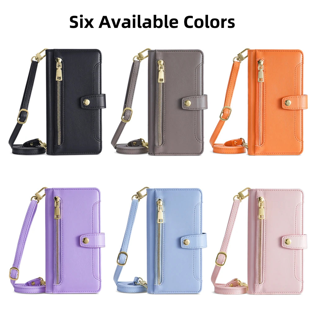 Ladies Card Slots Wallet Crossbody Phone Case for iPhone 15 14 13 12 11 Pro Max Cover with strap