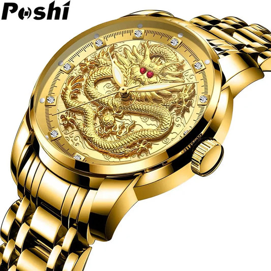 Stainless Steel Fashion Quartz Watch Gold Dragon Men's Watches Luxury Original Design Waterproof Quartz Movement Clock - Hiron Store