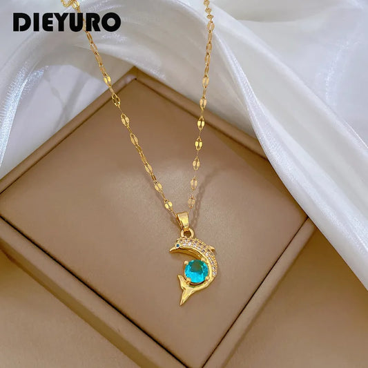 DIEYURO 316L Stainless Steel Blue Zircon Dolphin Pendant Necklace For Women New Luxury Girls Clavicle Chain Jewelry Accessories - Hiron Store