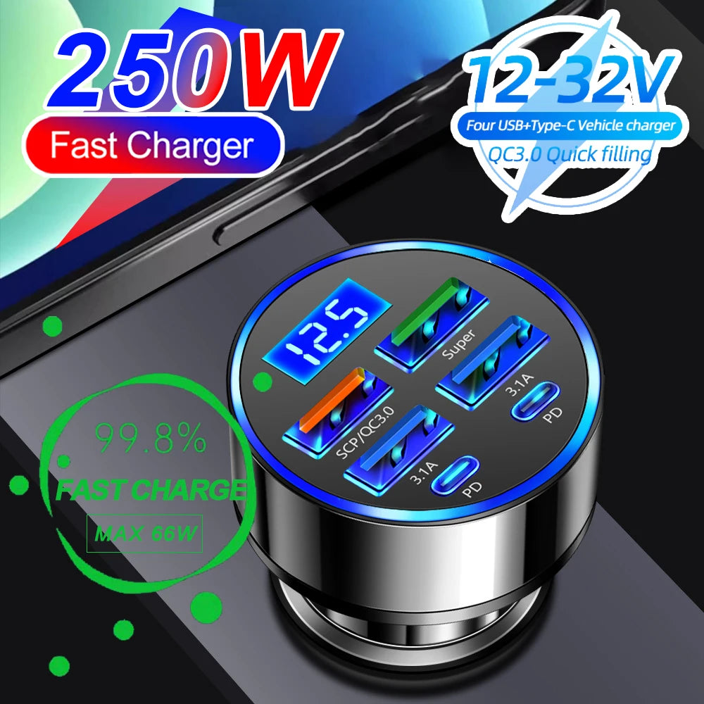 250W PD Car Charger QC3.0 Fast Charge One to Six Car Cigarette Lighter Plug 5 Port Car Chargers with Digital Display