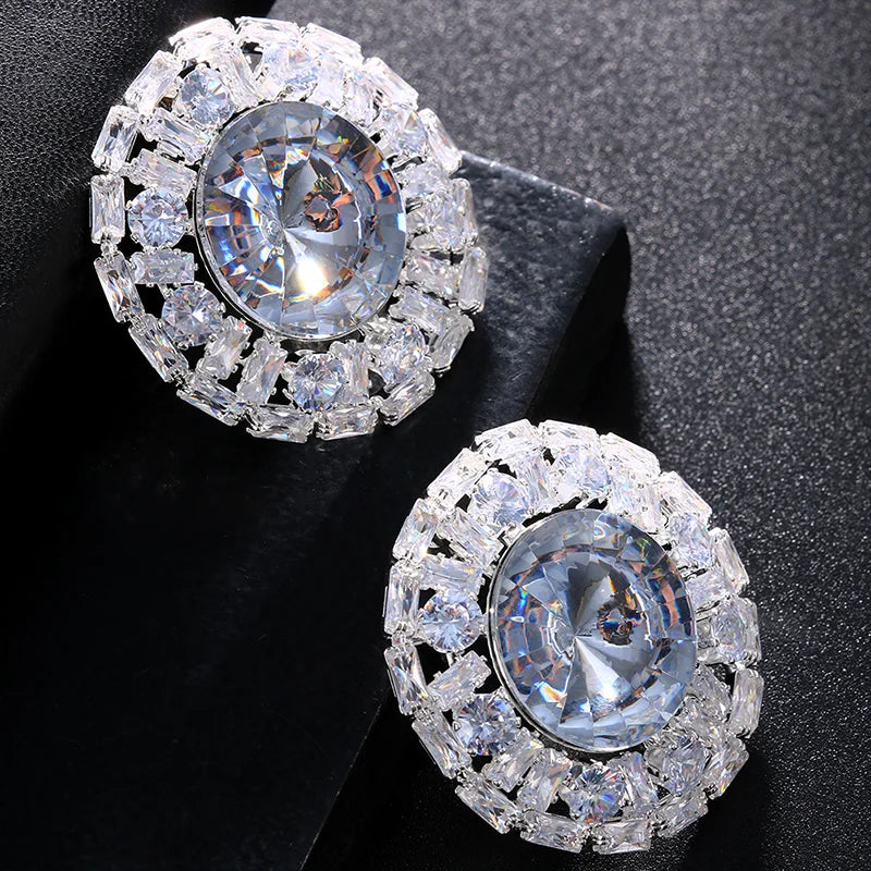 Big Crystal Clip Earrings Rhinestone Luxury Bling without Piercing Round Clip Earring