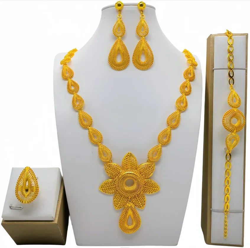 Fashion India Latest Design Jewelry Luxury African Jewelry Necklace Earrings Ring Bracelet Set Dubai Gold Color