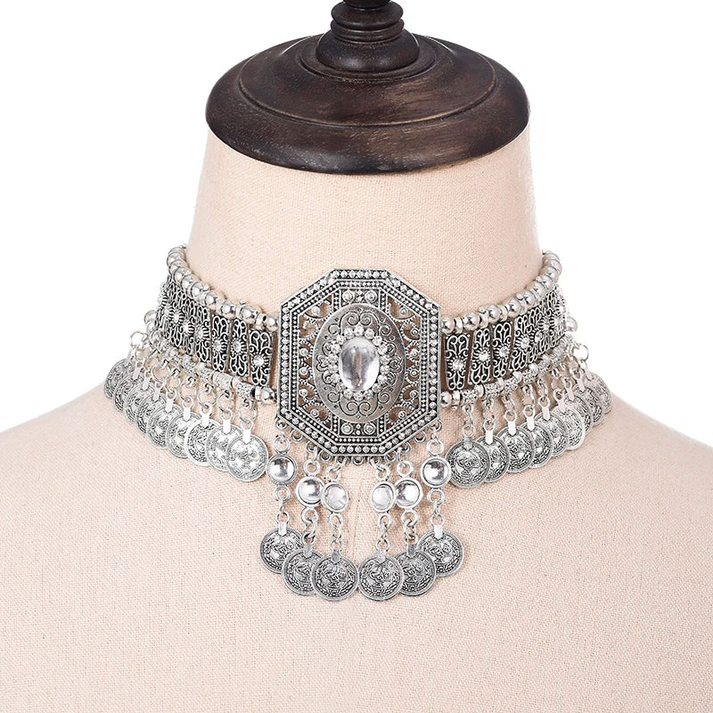 Ethnic Necklace Choker Crystal Rhinestone Beads Coin Tassel Jewellery