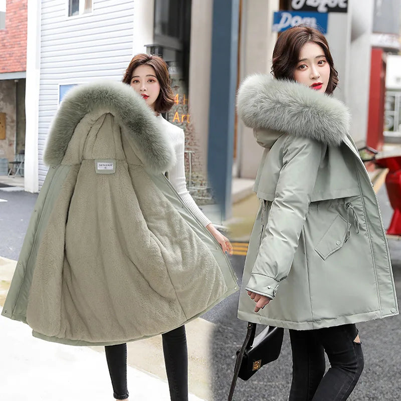 Women Parka Fashion Long Coat Wool Liner Hooded Parkas Winter Jacket Padded Clothes