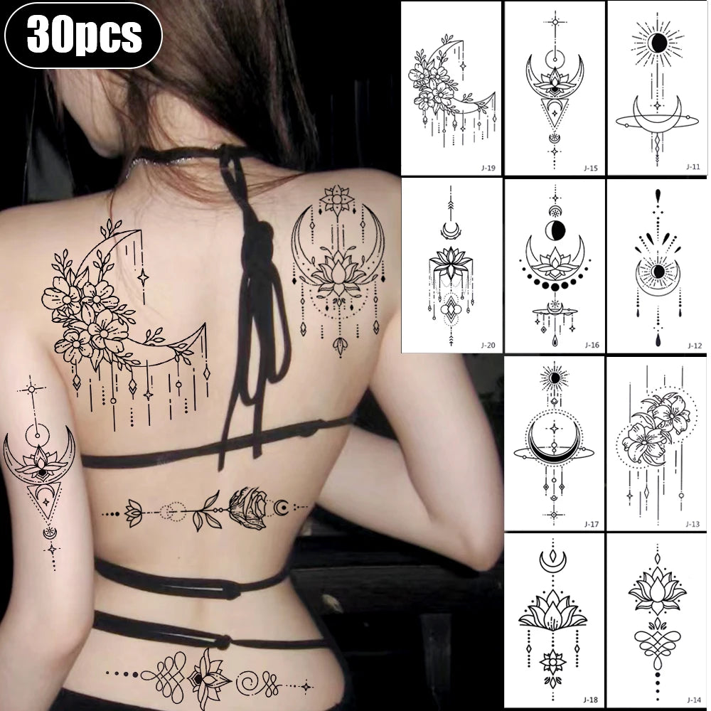 30pcs Waterproof Temporary Tattoo Sticker Long Lasting Black Star Moon Fake Tatto