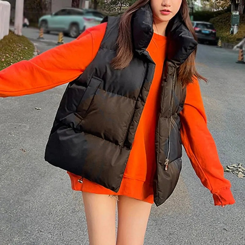 Women Thick Warm Down Vest Harajuku Loose Jacket Casual Outerwear Short Waistcoat Windproof Vest Coats