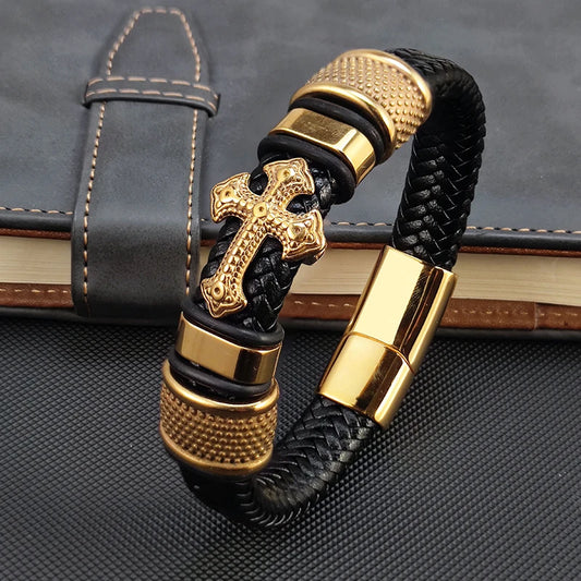 MingAo 2023 Fashion Vacuum Plating Gold Single Layer Cross Leather Bracelet  Charm Bracelet Men's Hand Jewelry for Women - Hiron Store