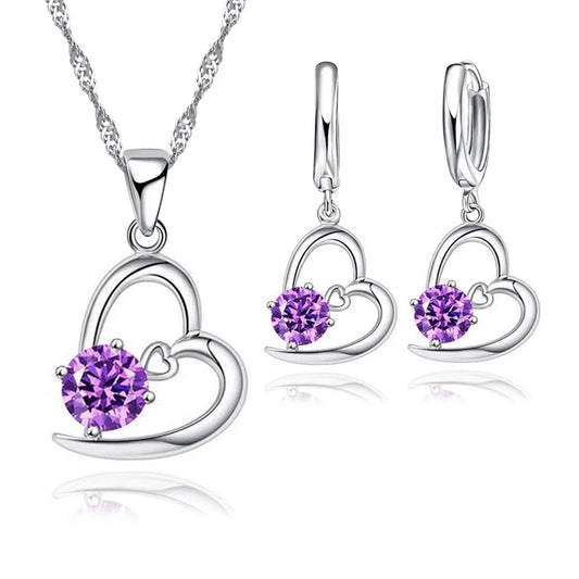 Charm Heart CZ Rhinestone Pendnat Necklace Earrings Women 925 Sterling Silver Color Engagement Jewelry Accessories Party Gifts - Hiron Store