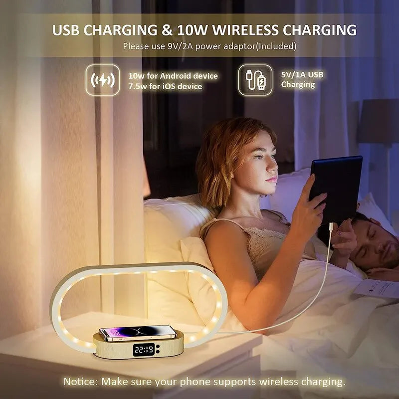 Wireless Charger Pad Stand Clock LED Desk Lamp Night Light USB Port Fast Charging Station Dock for iPhone Samsung