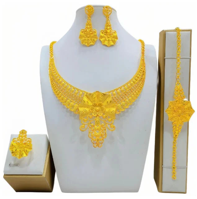 Fashion India Latest Design Jewelry Luxury African Jewelry Necklace Earrings Ring Bracelet Set Dubai Gold Color