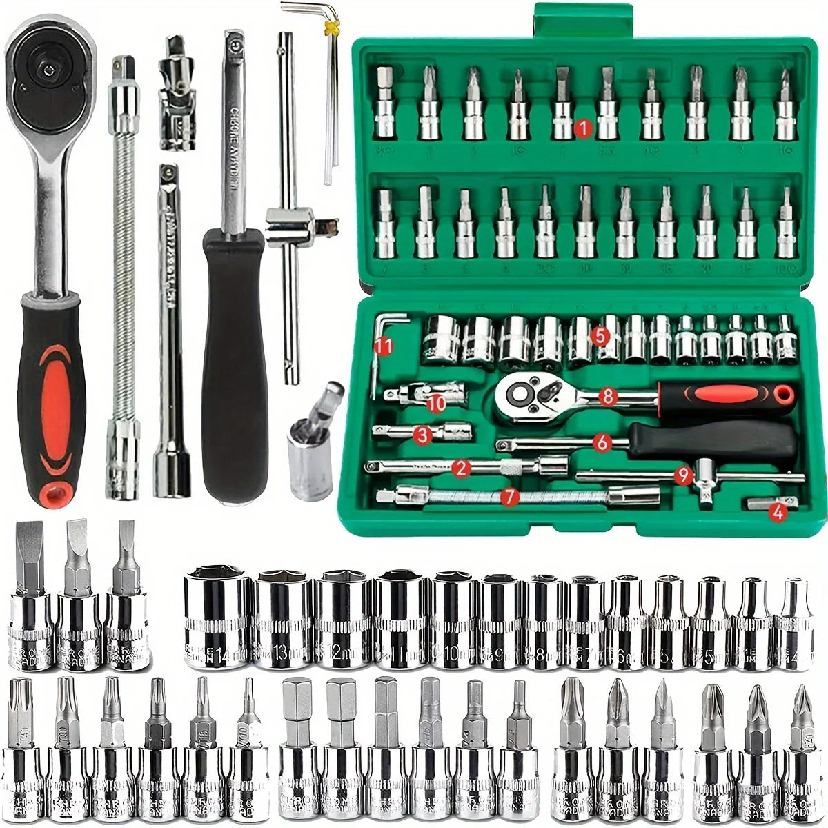 46pc Drive Socket Set 1/4 inch Ratchet Wrench Bit Socket Set Mechanic Tool Kits for Auto Repair