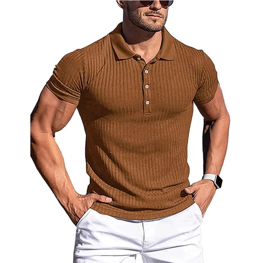 New Summer Polo Men Solid Stripe Fitness Elasticity Short Sleeve Polo Shirts for Men Fashion Stand Collar Mens Shirts - Hiron Store