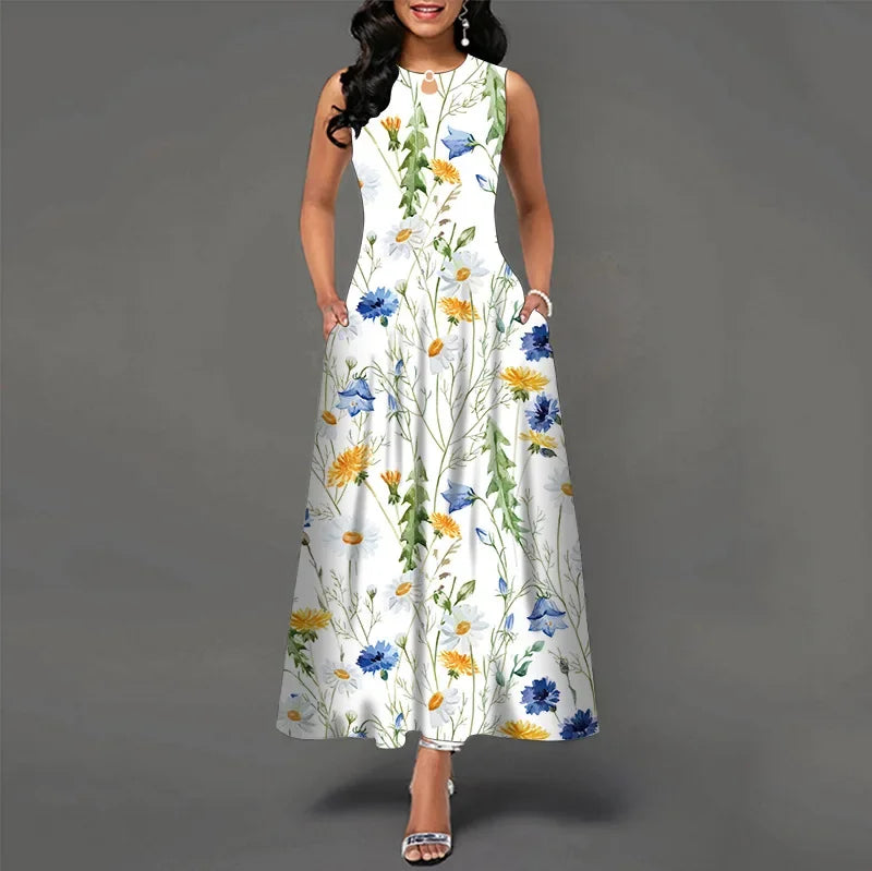 Flower Print New Casual Sleeveless Long Dress Women's V-Neck Printed Dress Swing Bohemian Retro Dresses - Hiron Store