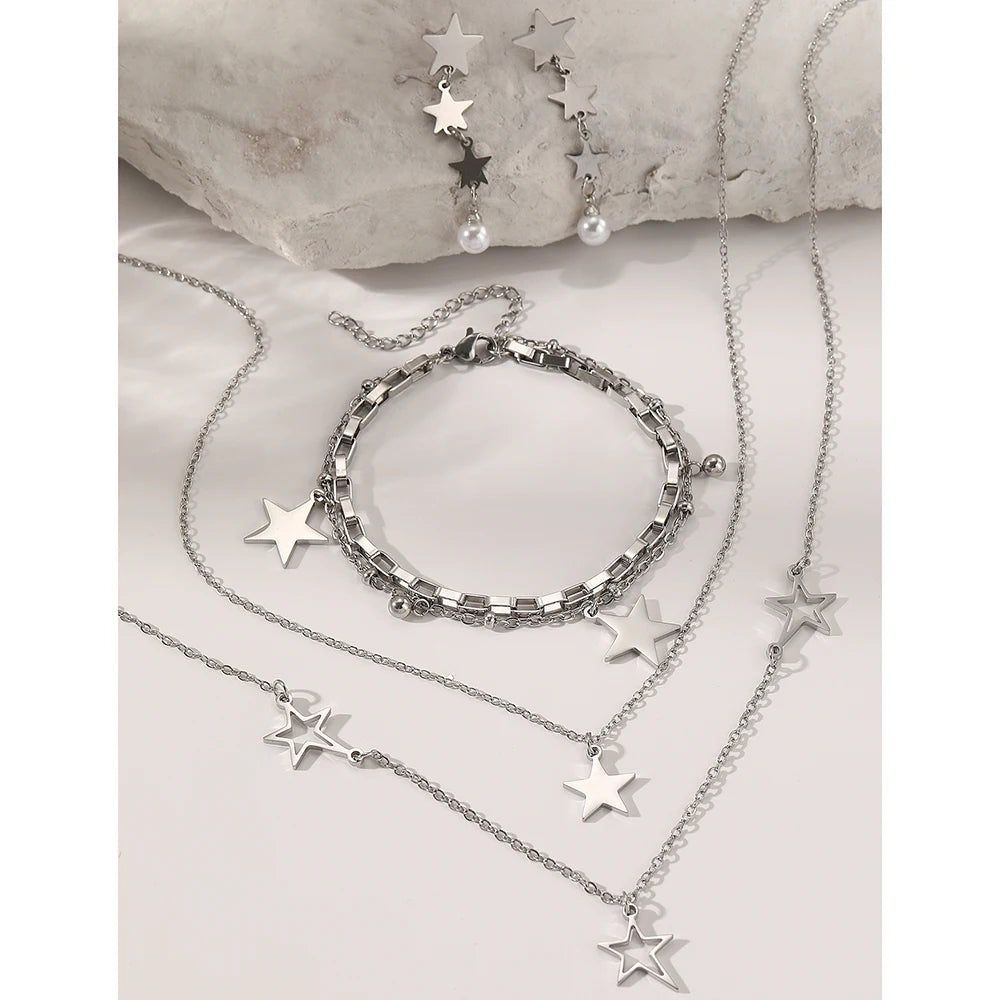 Stainless Steel Jewelry Set Skeleton Layered Chain Necklaces Star Bracelet Pearl Earrings