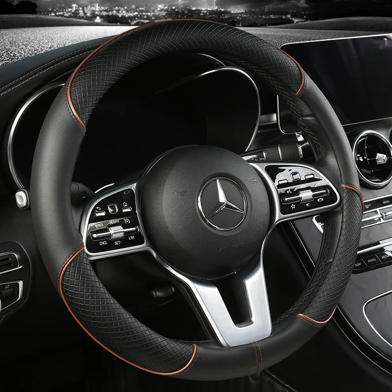 Full leather stitching line car steering wheel cover, Three-dimensional anti slip, Timple and fashionable. Suitable for car deco - Hiron Store