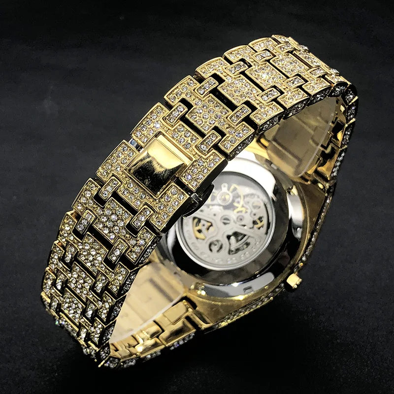 Automatic Watch Luxury Full Ice Out  Hip Hop Tourbillon Watches Bling Diamond Gold Clock