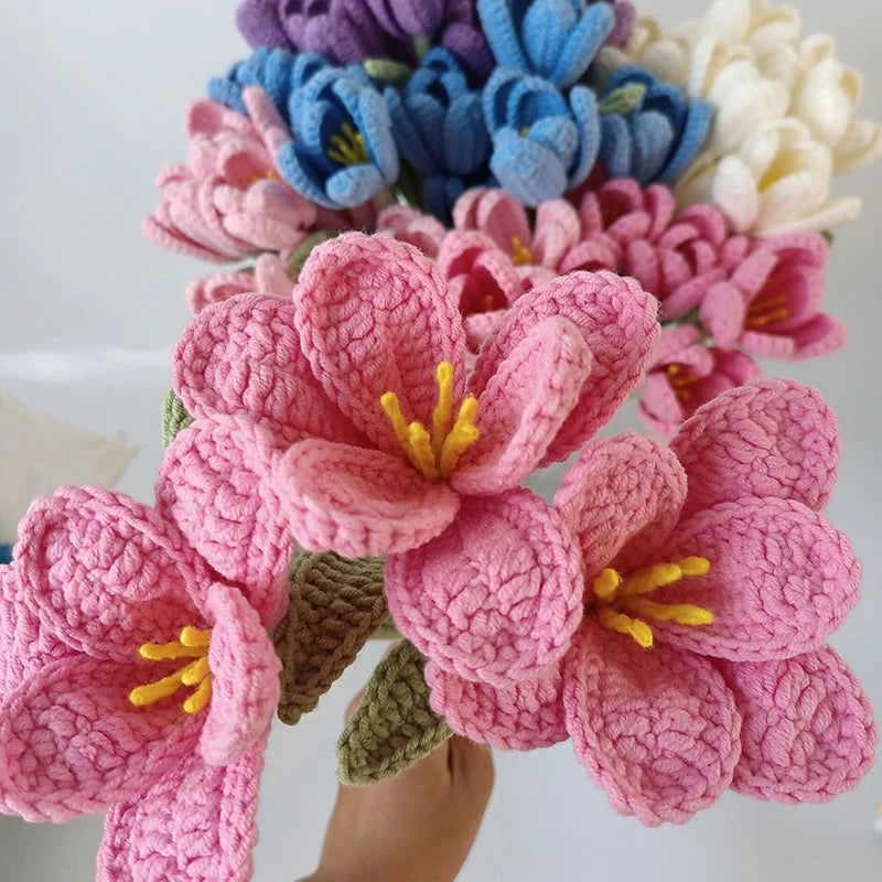 New Hand-Knitted Flowers Artificial Tulips Bouquet Cotton Yarn Crochet Fake Flowers for Wedding Home Table Decor New Year Gifts - Hiron Store