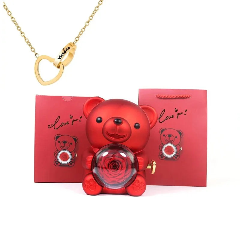 Eternal Rose Teddy Bear Gifts Box with Necklace Rotate Rose Jewelry Box