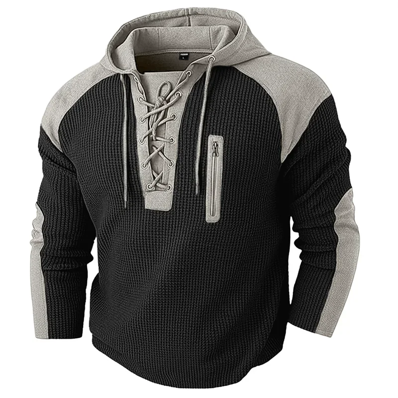 Spring Autumn Men's Casual Hooded Sweatshirt Vintage Patchwork Sports Pullover Fashion Drawstring Hoodie