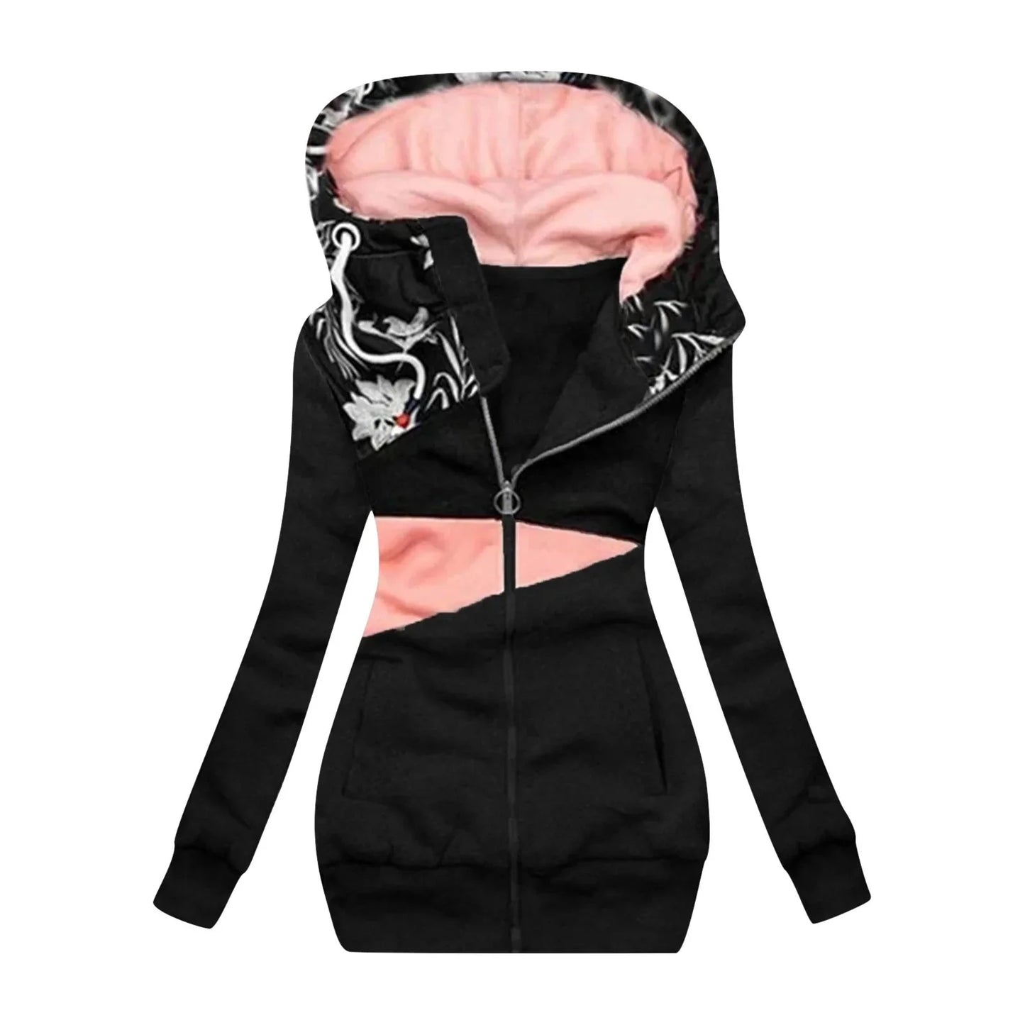 Women's Clothing Sweatshirt Zipper Color Block Printing Hooded Long Sleeve Jacket