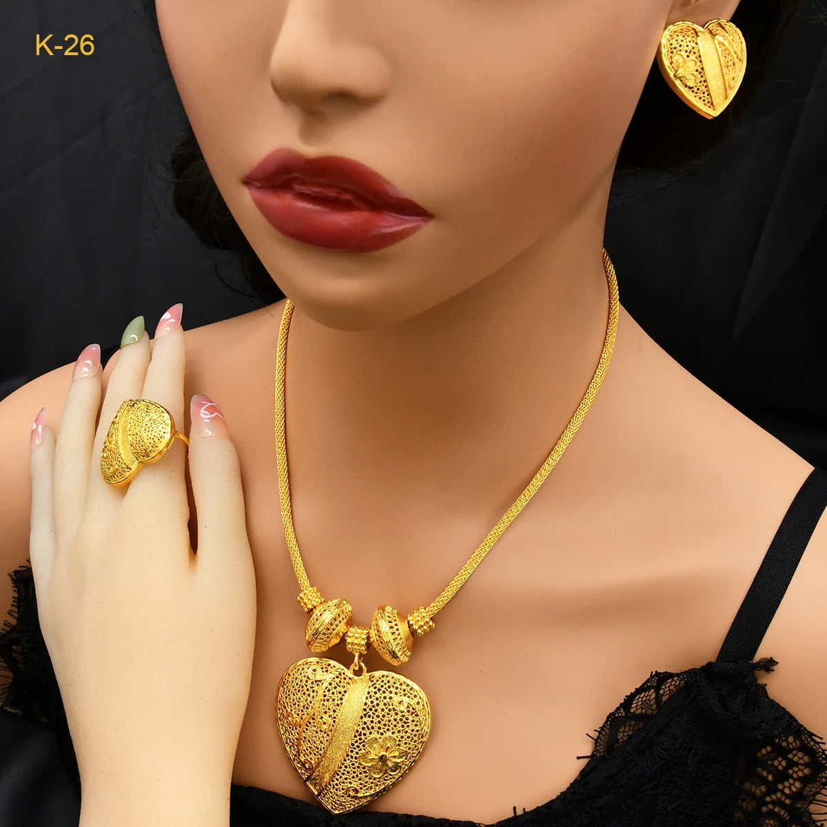 Ethiopian 24k Gold Color Heart Pendant Necklace Sets for Women Indian Anniversary Africa Bridal Necklace Earrings Ring Set Gifts - Hiron Store