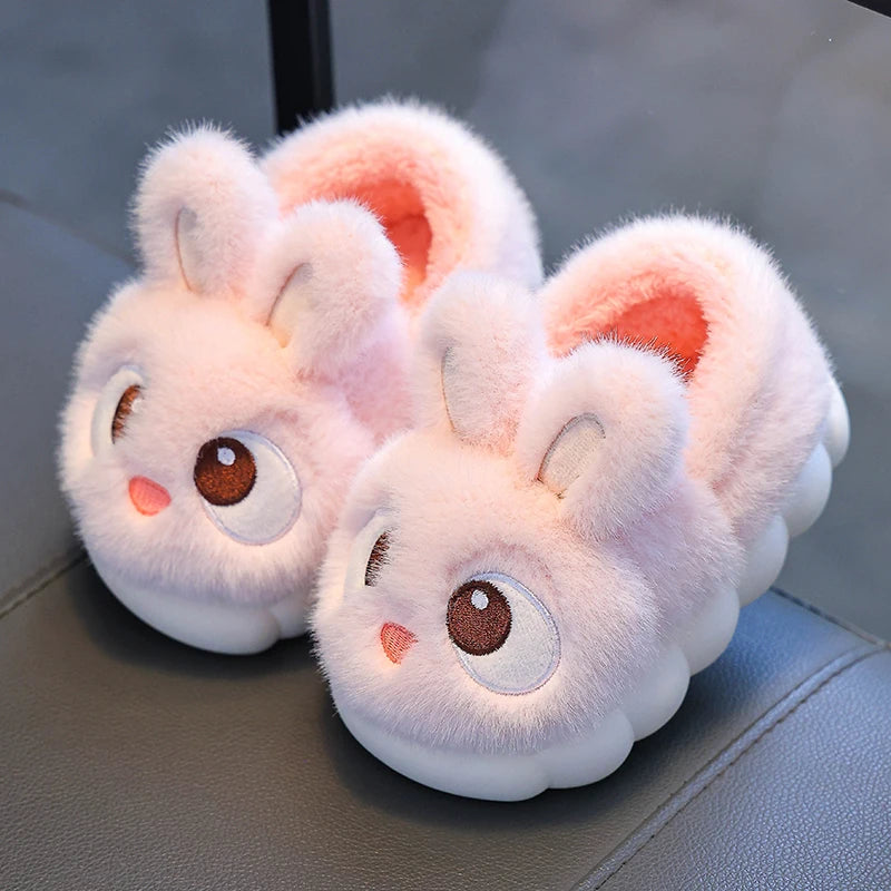 New Winter Cute Big eyed Rabbit Children's Cover Heel Warm Non-slip Fluffy Slippers