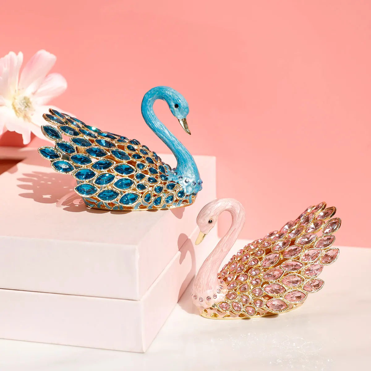 3.7inch Enamel Blue Gems Swan Trinket Box Hinged Hand-Painted Jewellery Storage Ring Holder