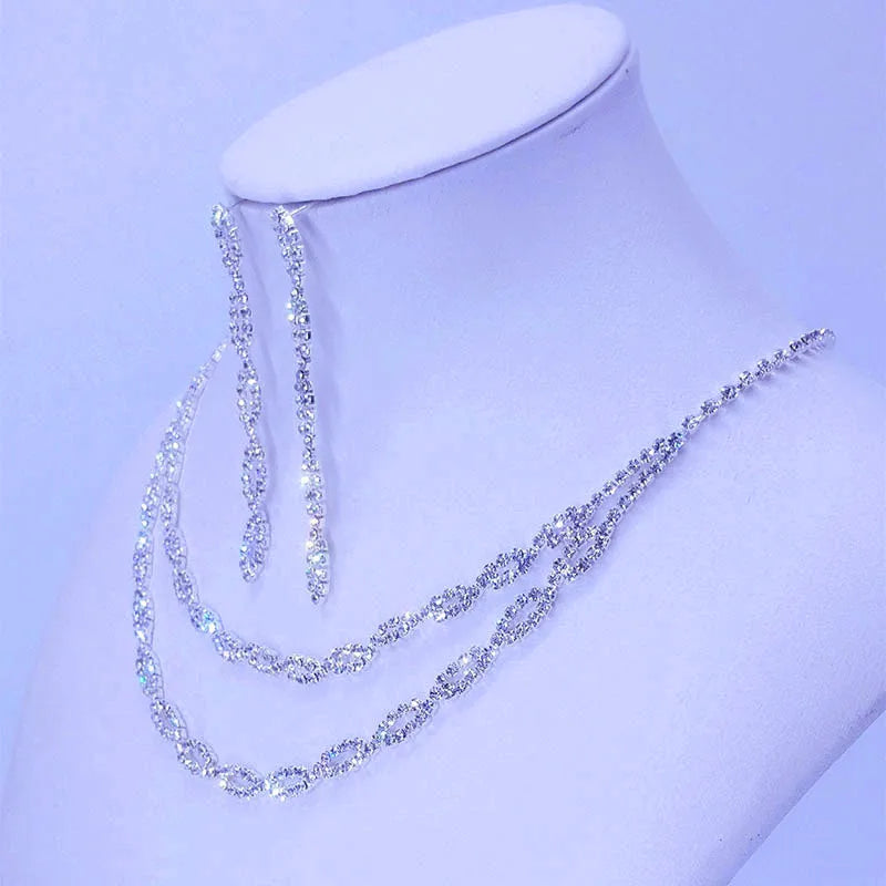 White Crystal Silver Color Dangle Earrings For Women Trendy Bridal Zircon Chain Necklace