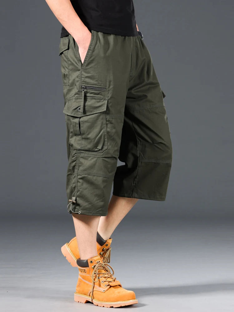 Summer Men's Cargo Shorts Loose Casual Below Knee Pants Elastic Waist Plus Size Outdoor Jogging Tactical Capri Pants - Hiron Store