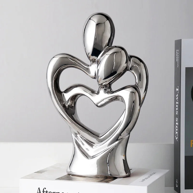 Silver Heart In Heart Sculpture Abstract Ceramic Electroplating Lover Figure Home Decoration