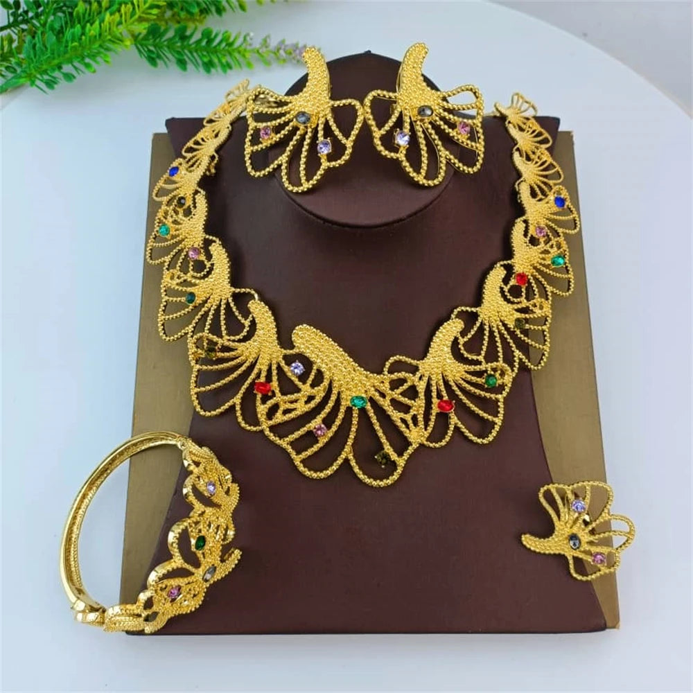 Dubai Gold Plated Jewelry Set Coloful Stone Necklace Elegant Bracelet Earrings