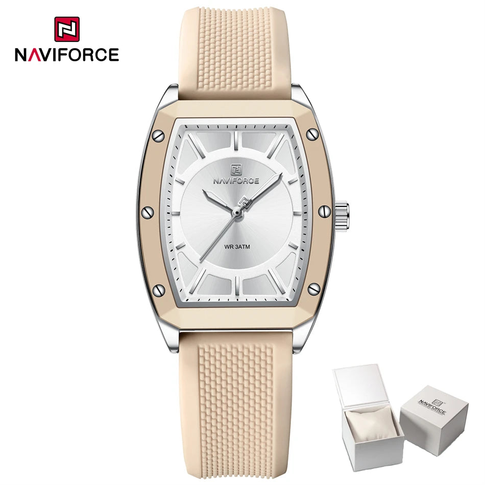 NAVIFORCE Women Quartz Watches Silicone Strap Sports Watch Big Dial Simple Tonneau Waterproof