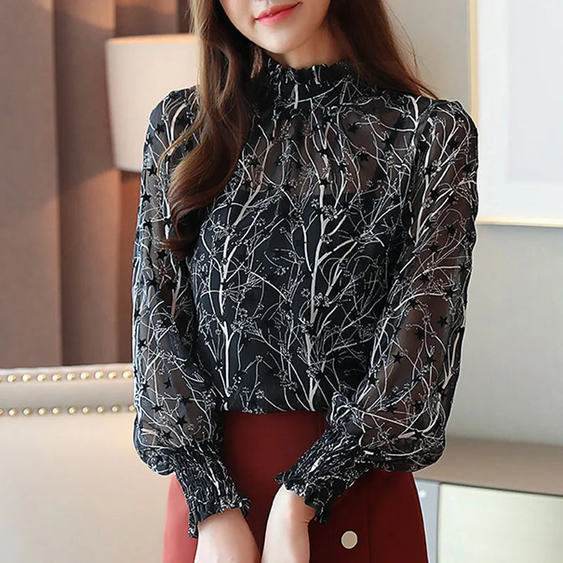 Women Chiffon Blouses 2023 Casual Stand Collar Floral Women Clothing Long Sleeve Printed Shirt Women Tops Chemise Femme 6197 - Hiron Store