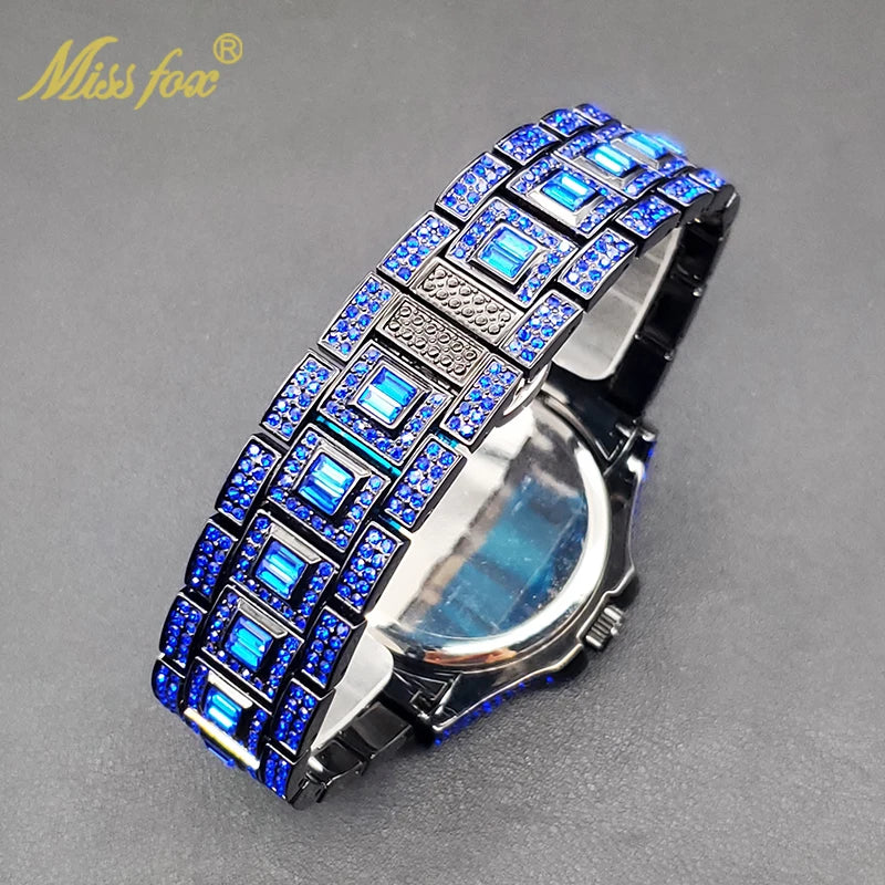 Blue Iced Out Watches For Men Diamond Quartz Watch