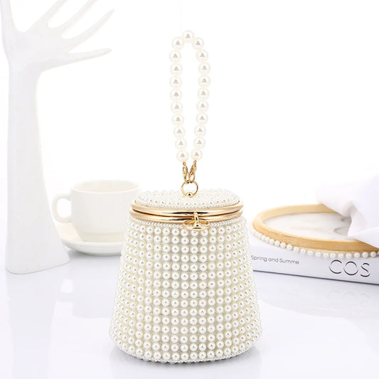 New design women Bucket shape beading holder clutch pearl wedding bridal ladies handbags party small evening bags