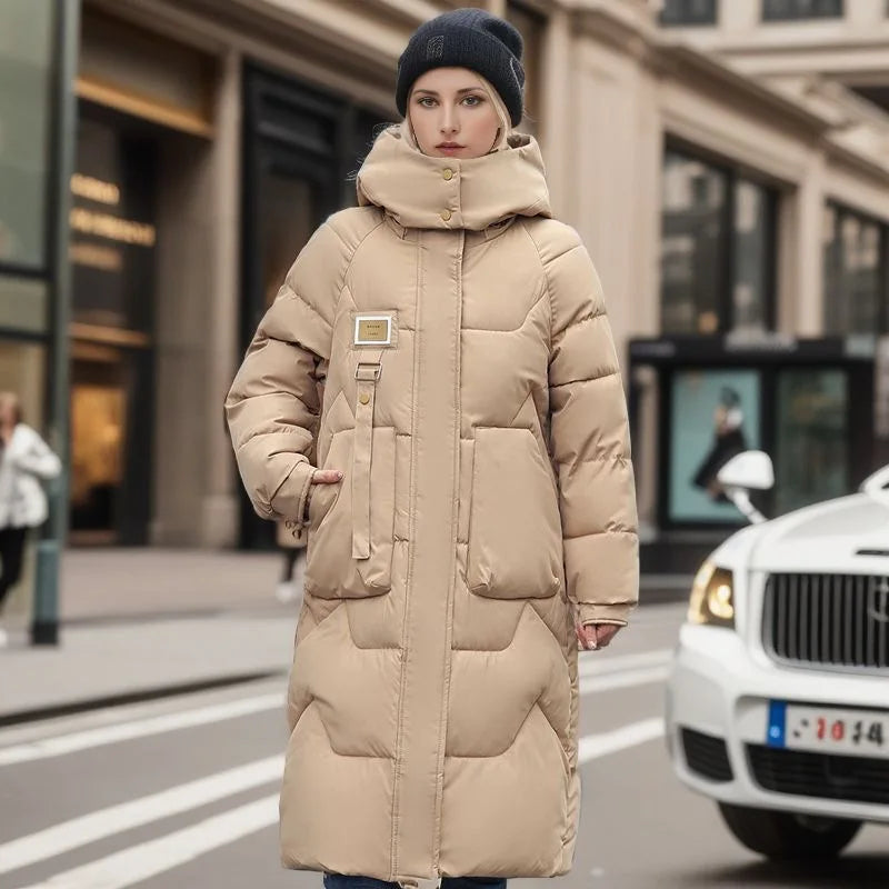 Winter Parka Woman Long Jacket Hooded Thicken Loose Zipper Pockets Warm Snow Padded Coat