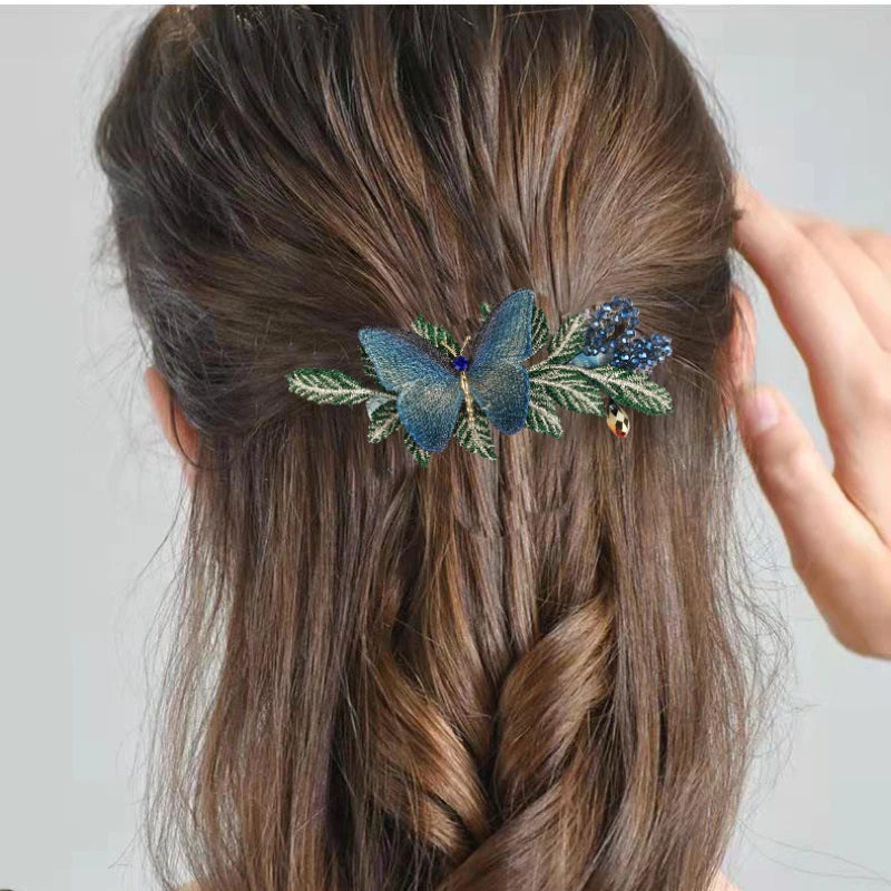 Elegant Embroidery Butterfly Hairpin Hair Accessories for Women Retro Luxury Back Head Spoon Spring Clip Headwear Jewelry Tiara - Hiron Store