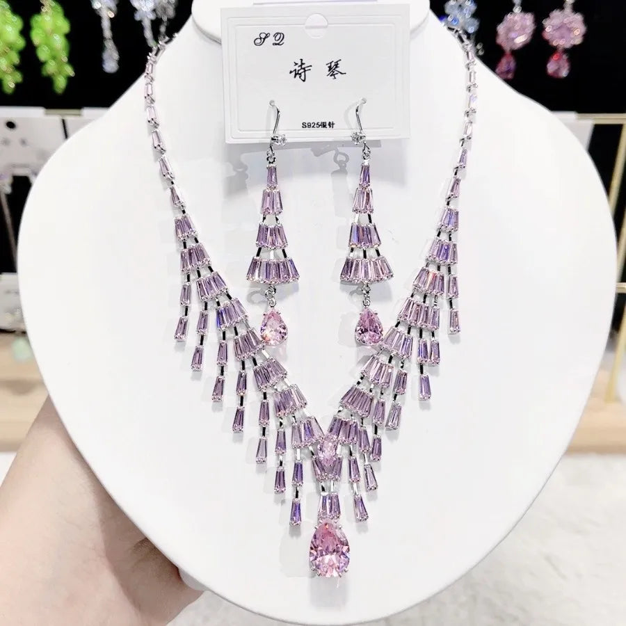 Women Colorful Fashion Zircon Necklace Earrings 2025