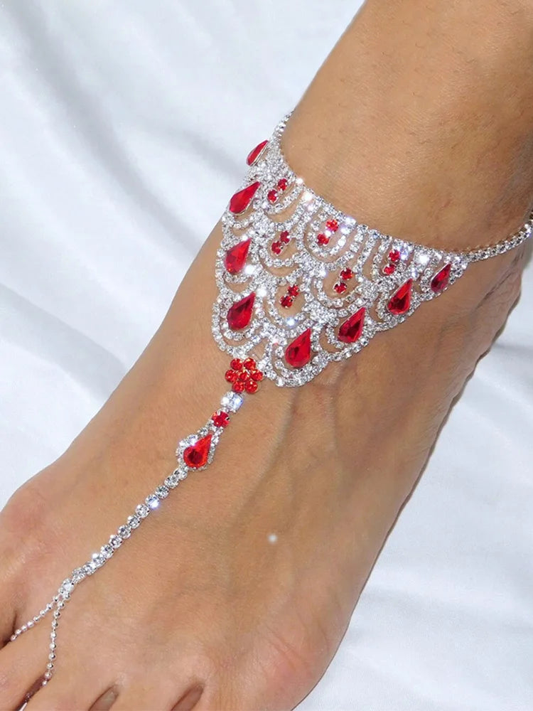 Stonefans Ruby Red Crystal Anklet Rhinestone Foot Chain for Women Boho Rhinestone Finger Toe Anklet Barefoot Sandal Foot Jewelry - Hiron Store