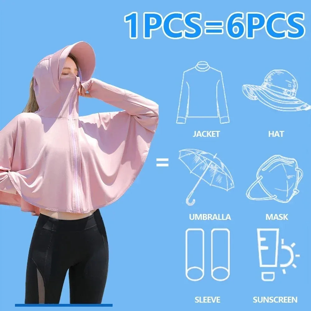 UPF 50+ Women Sunscreen Hoodie Solid Color Thin Ice Silk Long-sleeved Jacket