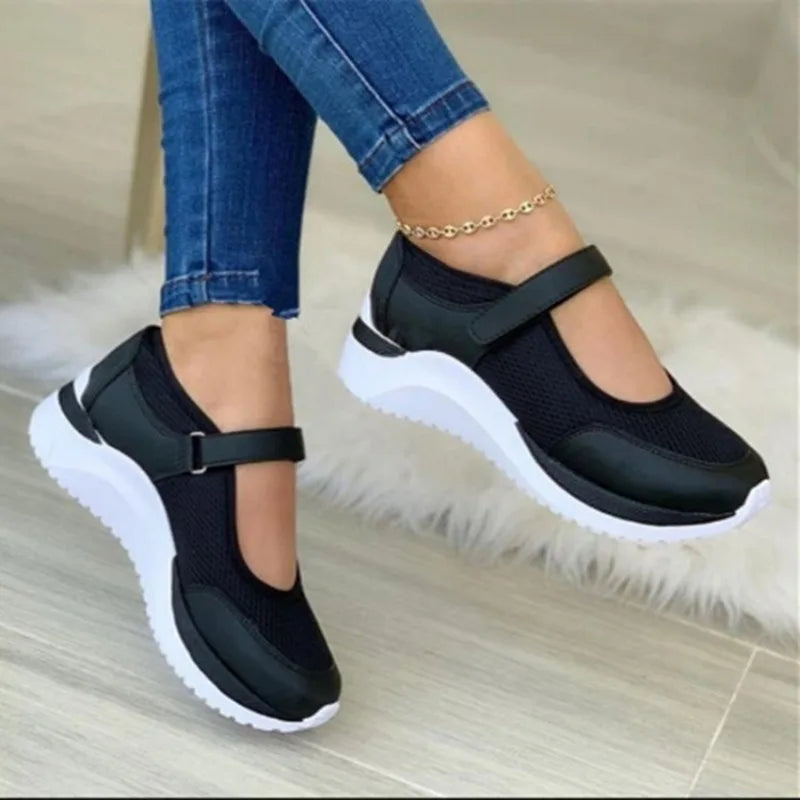 Round Head Knitted Women's Thick Sole Single Shoes Women's Large Size 36-43 Grid Casual Women's Shoes Sneakers Women - Hiron Store