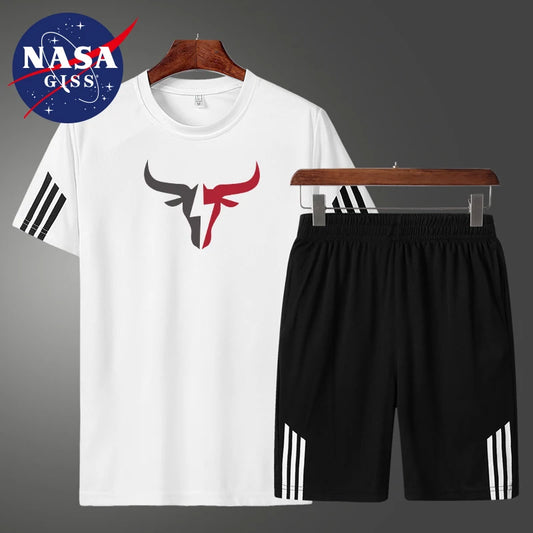 NASA GISS Summer New Sports Set Men's Mesh T-shirt Men's Casual Pants Three Bar Top Shorts - Hiron Store