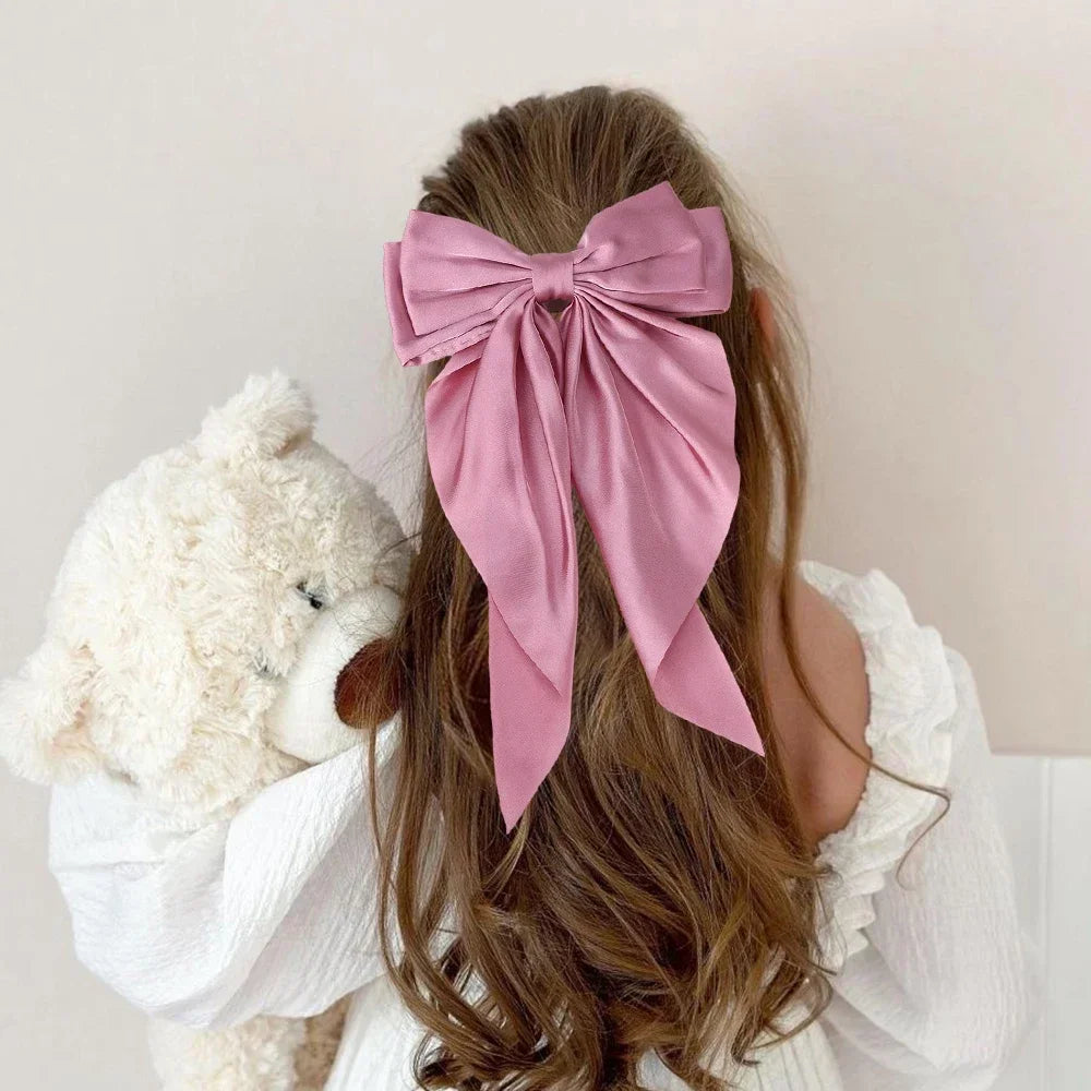 Girls Long Big Bow Float Satin Clips Elegant Back Head Hairclip Trendy Hair Accessories gifts